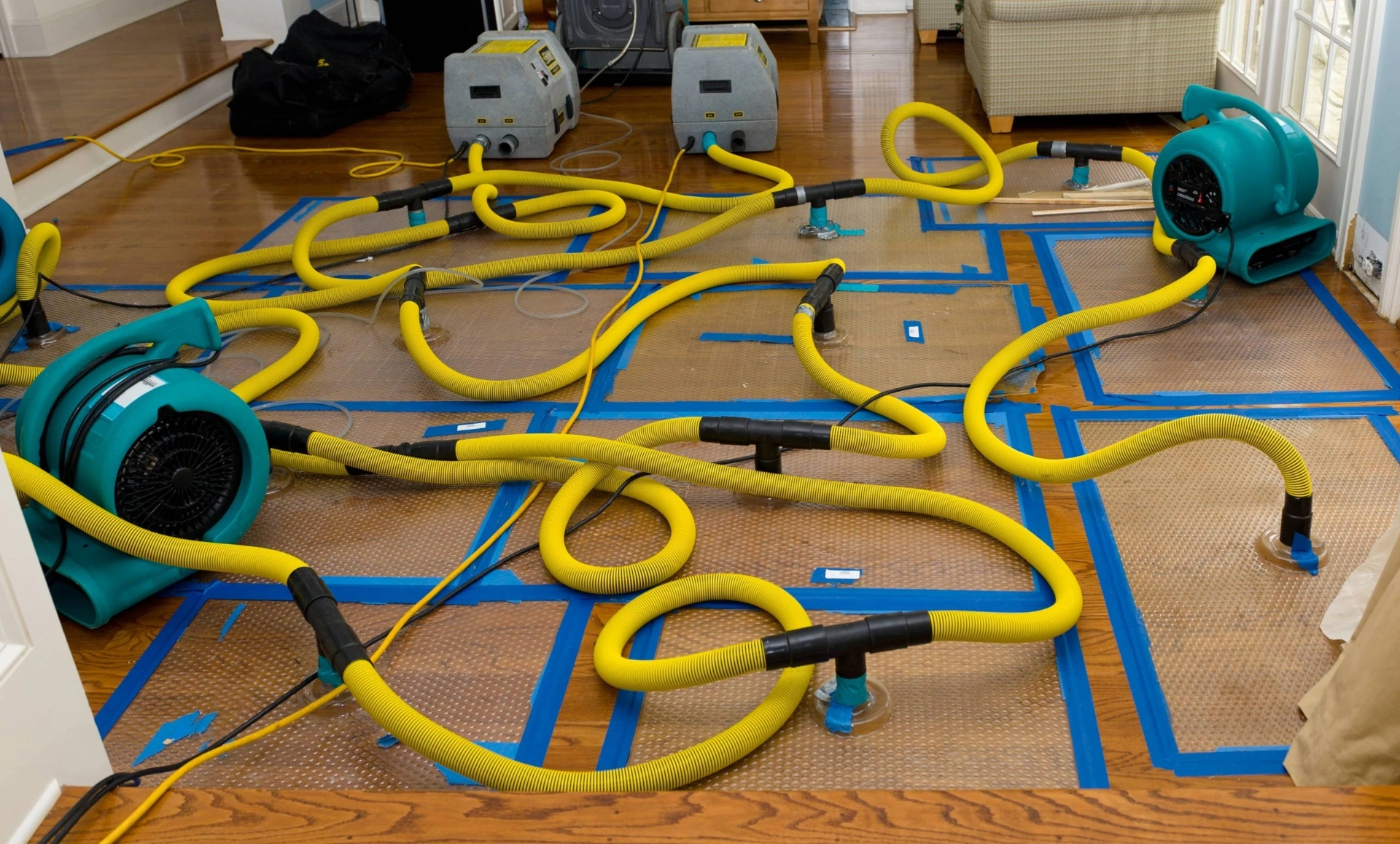 Air movers and drying equipment with yellow hoses set up on a water-damaged hardwood floor.