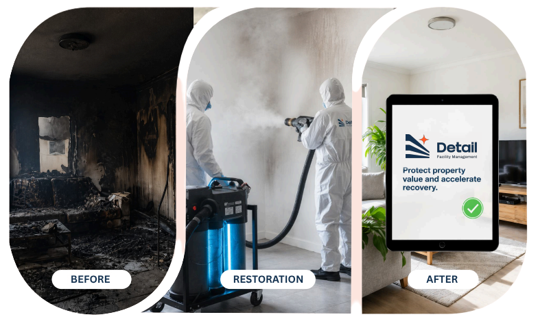 Before, during restoration, and after comparison showing fire-damaged property transformed by Detail Facility Management