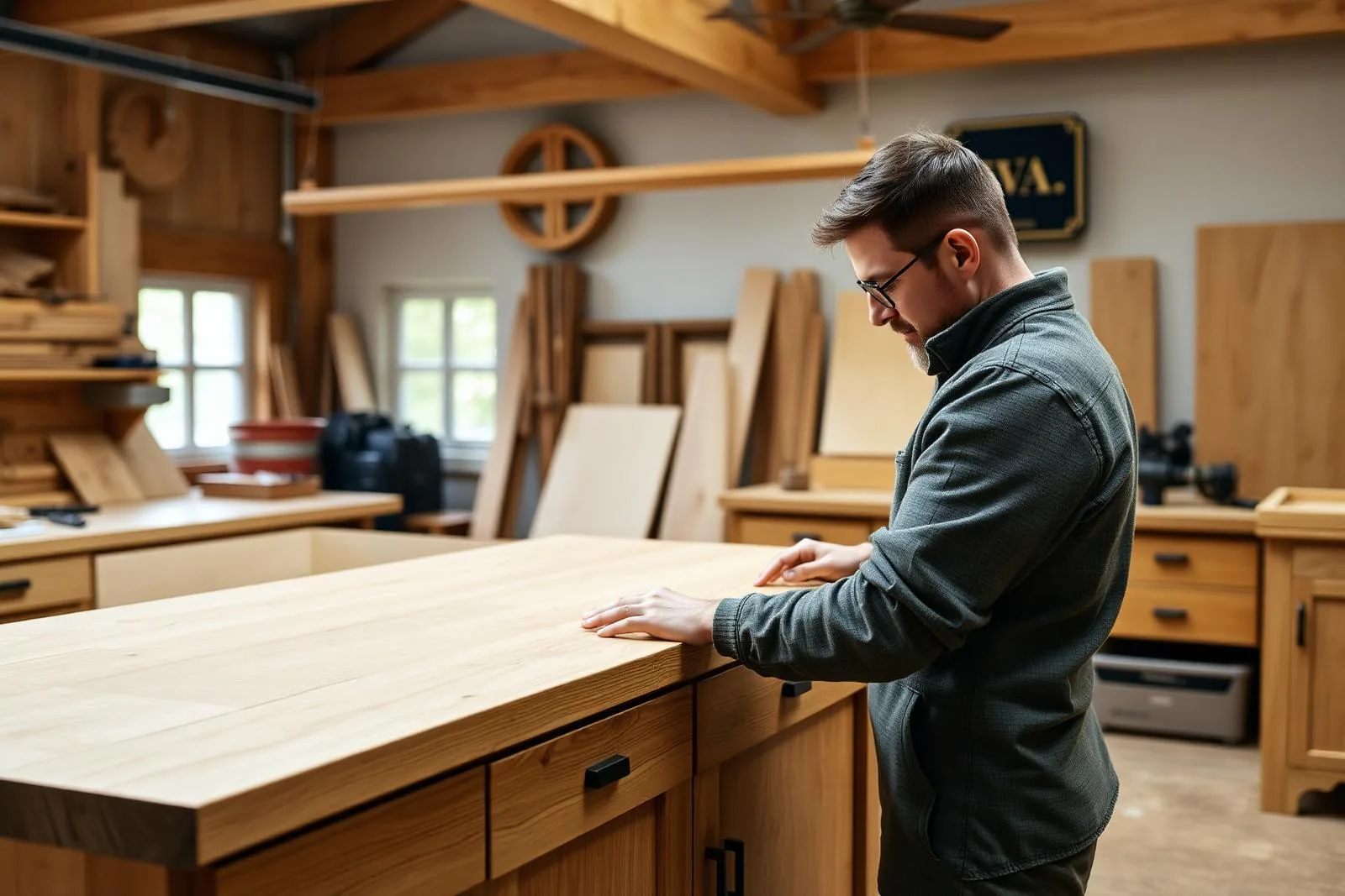 Cabinet maker crafting custom timber cabinetry in a workshop.