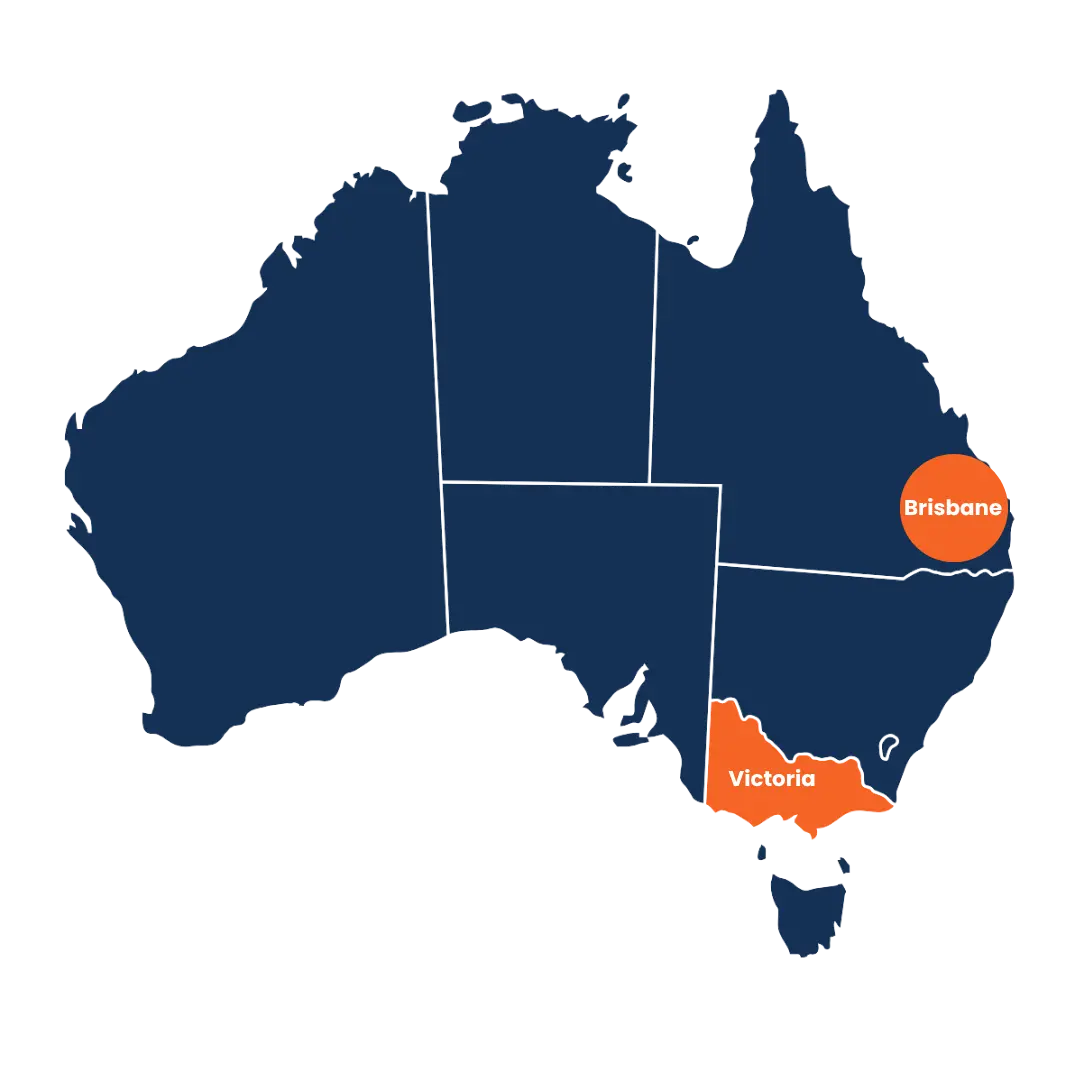 Map of Australia highlighting Victoria and Brisbane service areas