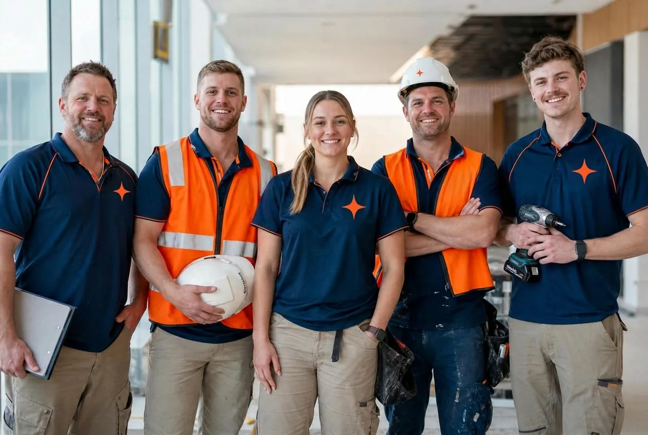 Detail Facility tradespeople working inside a modern Australian commercial building.