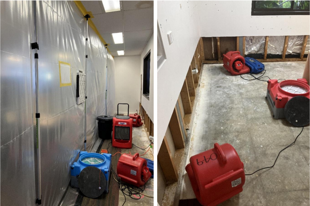 Structural drying setup with air movers, dehumidifiers and HEPA filtration operating inside a sealed containment zone