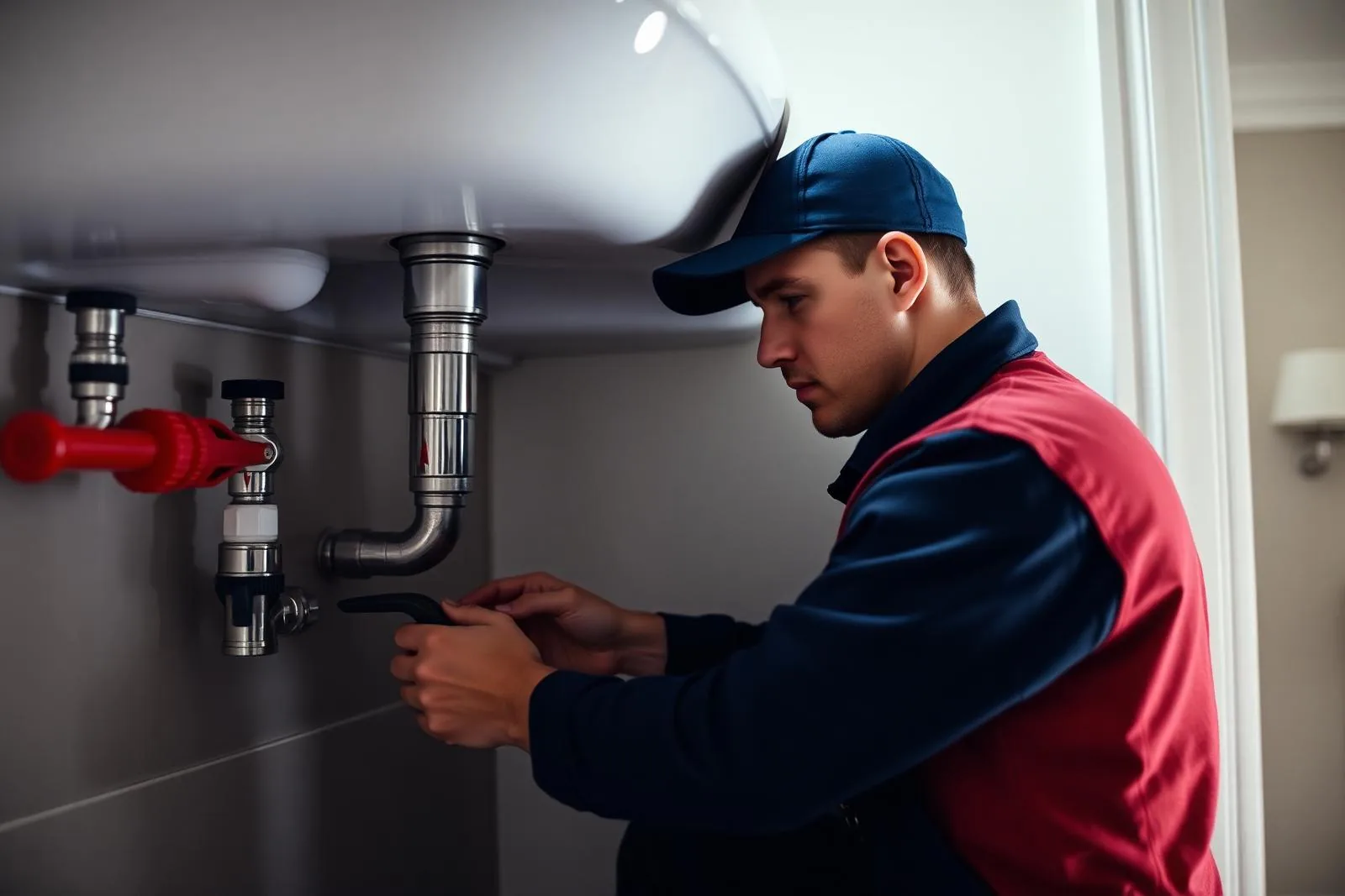 Licensed plumber repairing pipes under a sink with professional tools.