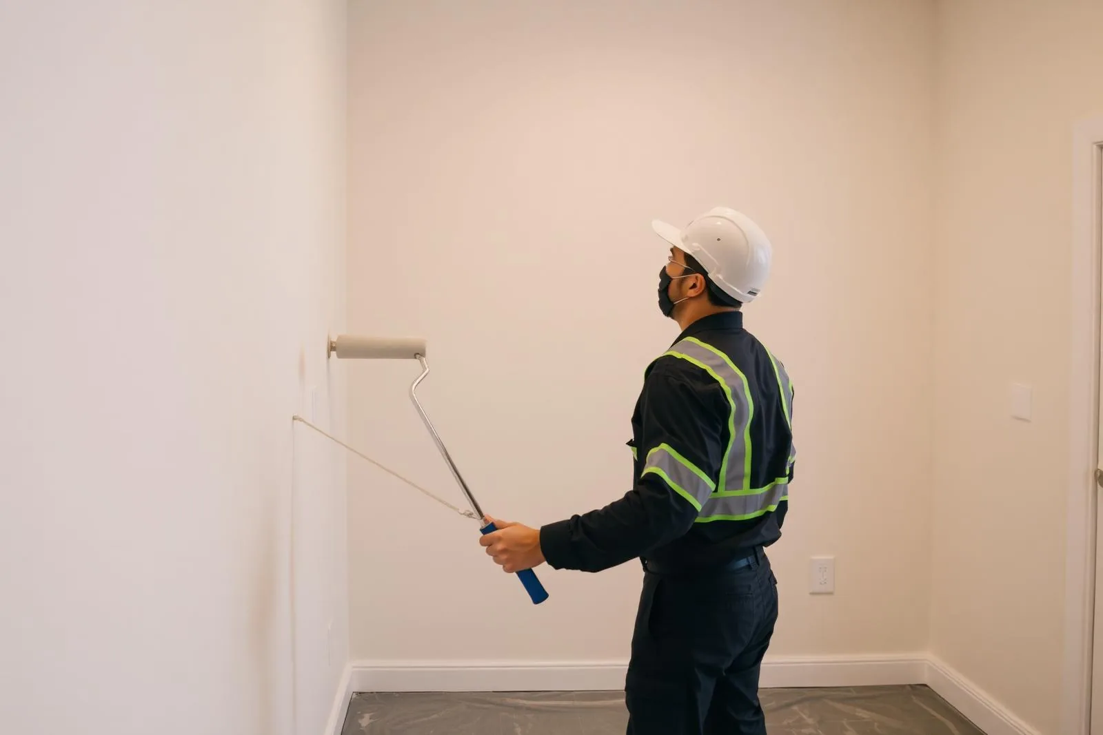 Professional painter rolling fresh paint onto an interior wall.