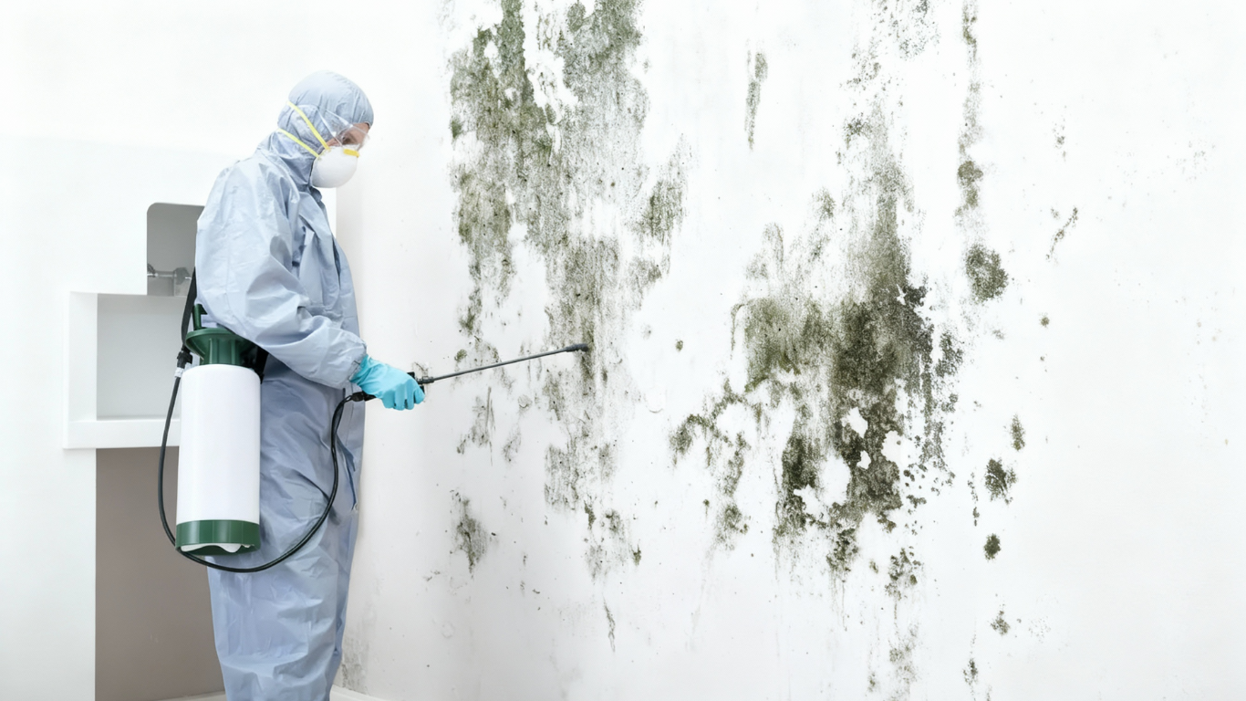 Mould remediation specialist treating an affected interior wall.