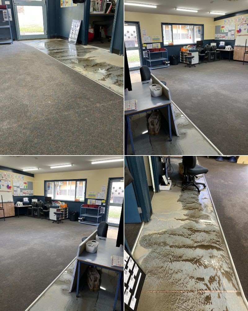 Muddy stormwater ingress across classroom carpets at a specialist college in Dromana after the April 2024 flood event