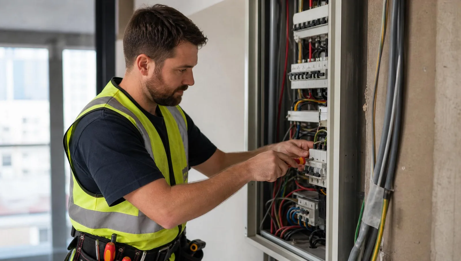 Licensed electrician working safely on an electrical switchboard.