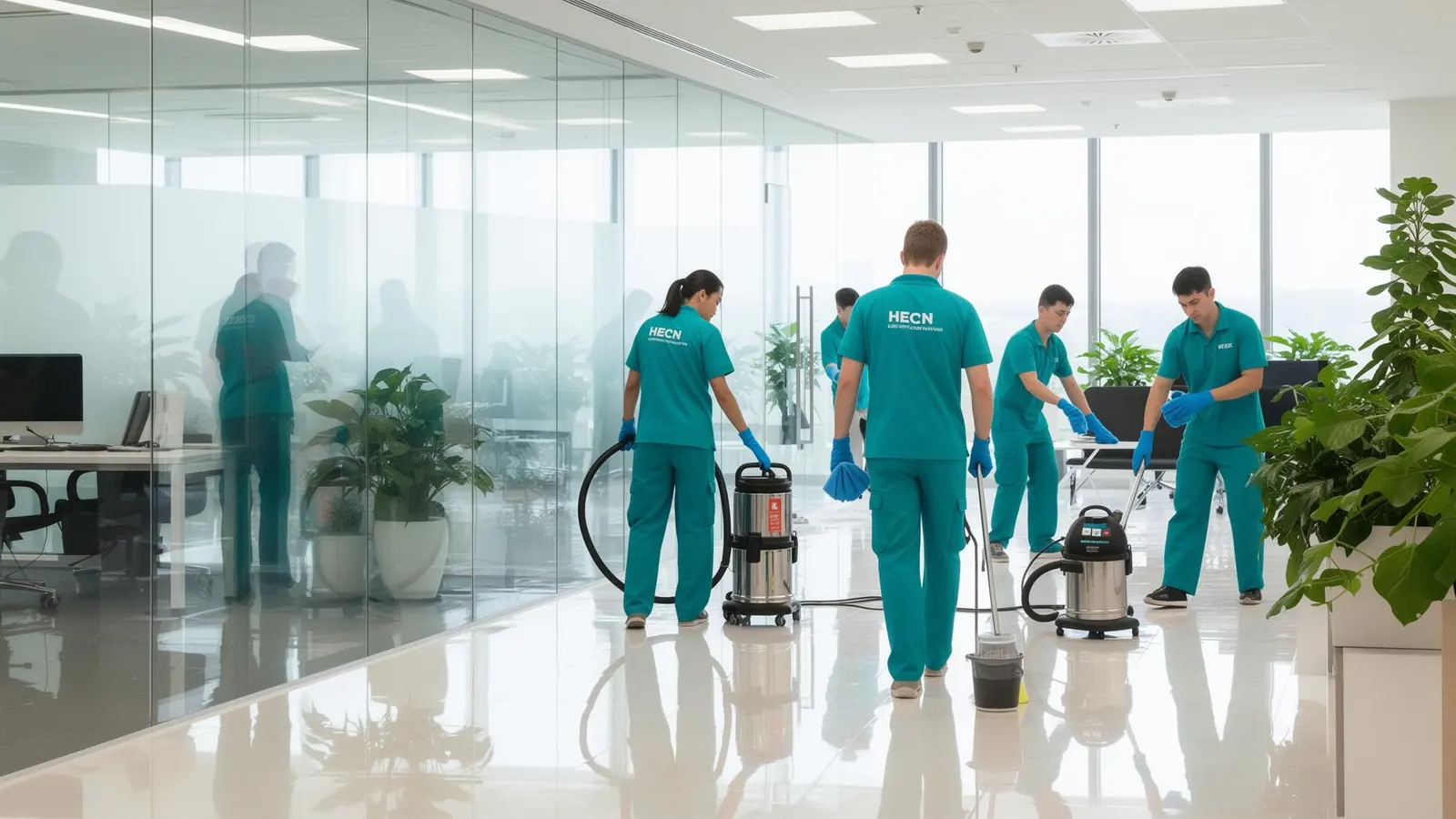 Cleaning crew working in a modern office.
