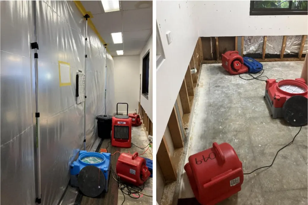 Structural drying setup with air movers, dehumidifiers and HEPA filtration operating inside a sealed containment zone